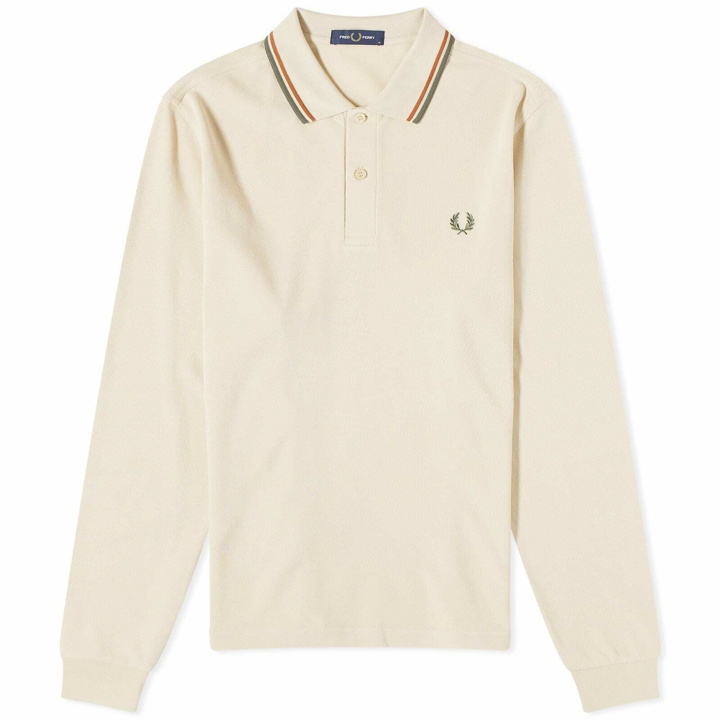 Photo: Fred Perry Men's Long Sleeve Twin Tipped Polo Shirt in Oatmeal/Nutflake/Field Green