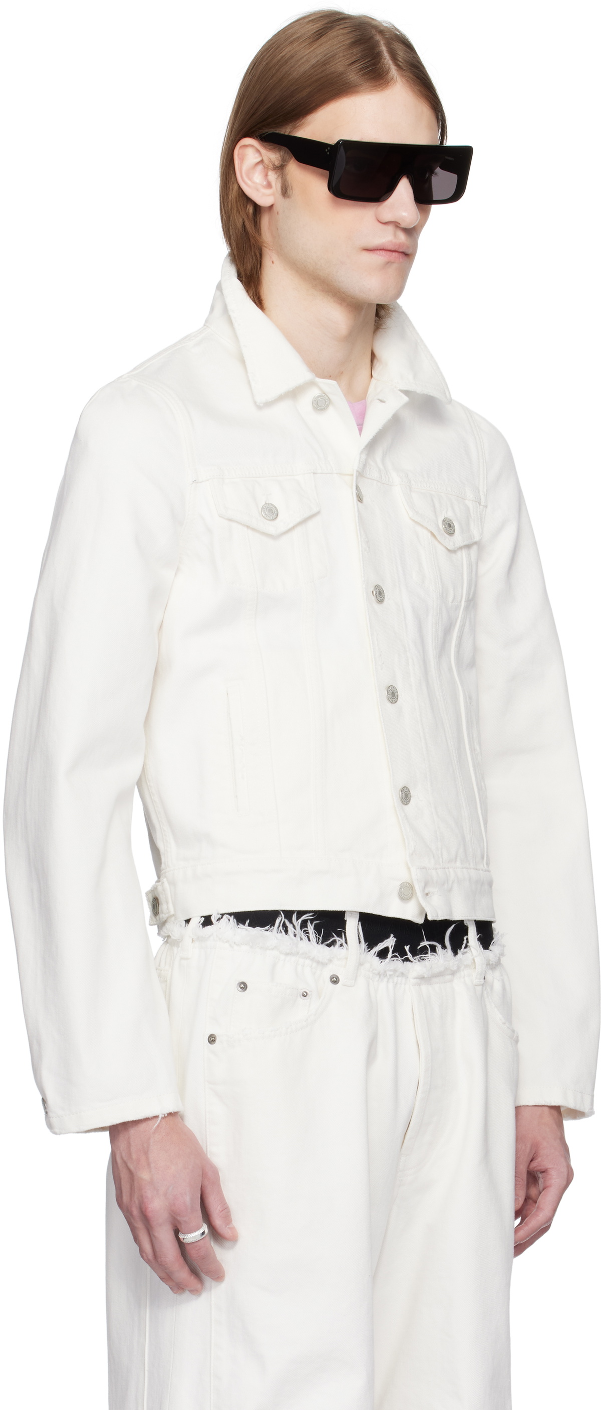 ALAINPAUL White Molded Shoulder Denim Jacket