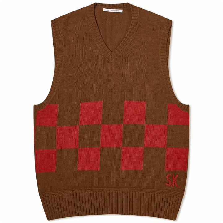 Photo: s.k manor hill Men's Checkered Knit Vest in Brown/Red