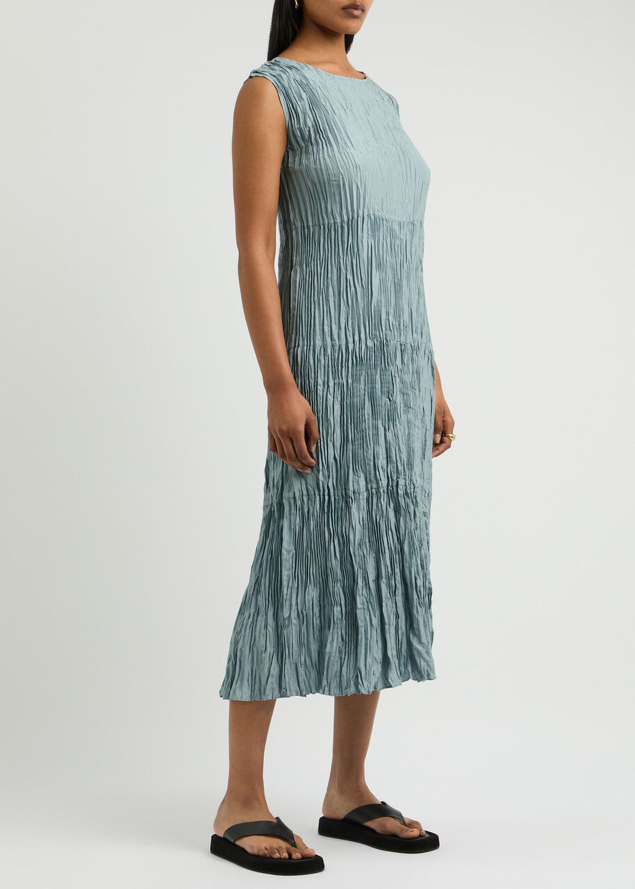 Eileen Fisher Jewel Pliss Silk Midi Dress Light Blue EILEEN FISHER