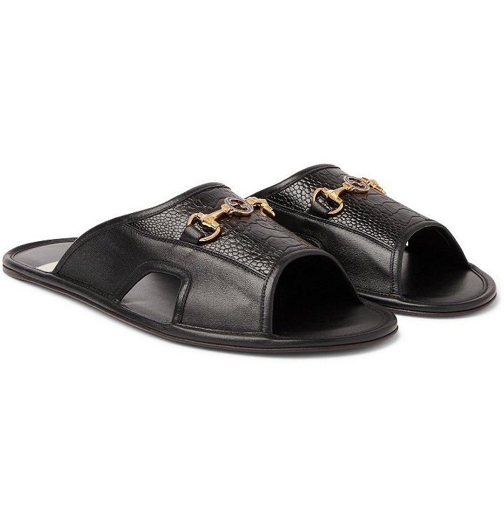 Photo: Gucci - Horsebit-Detailed Textured-Leather Slides - Black