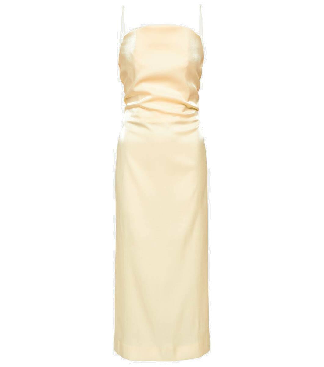 slim fit dress slacks Korina Champagne Fitted Satin Midi Dress by Arti Gogna