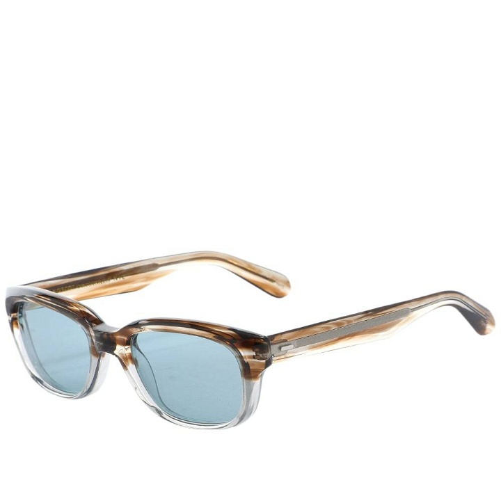Photo: Moscot Zindik Sunglasses in Brown Smoke/Blue