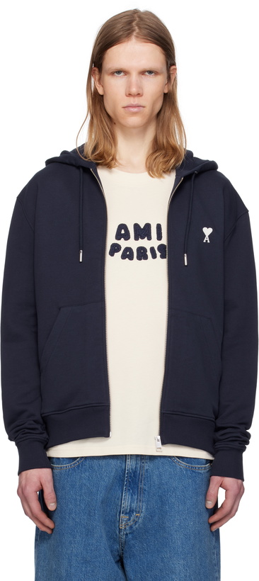 Photo: AMI Paris Navy Cotton Ami de Coeur Hoodie