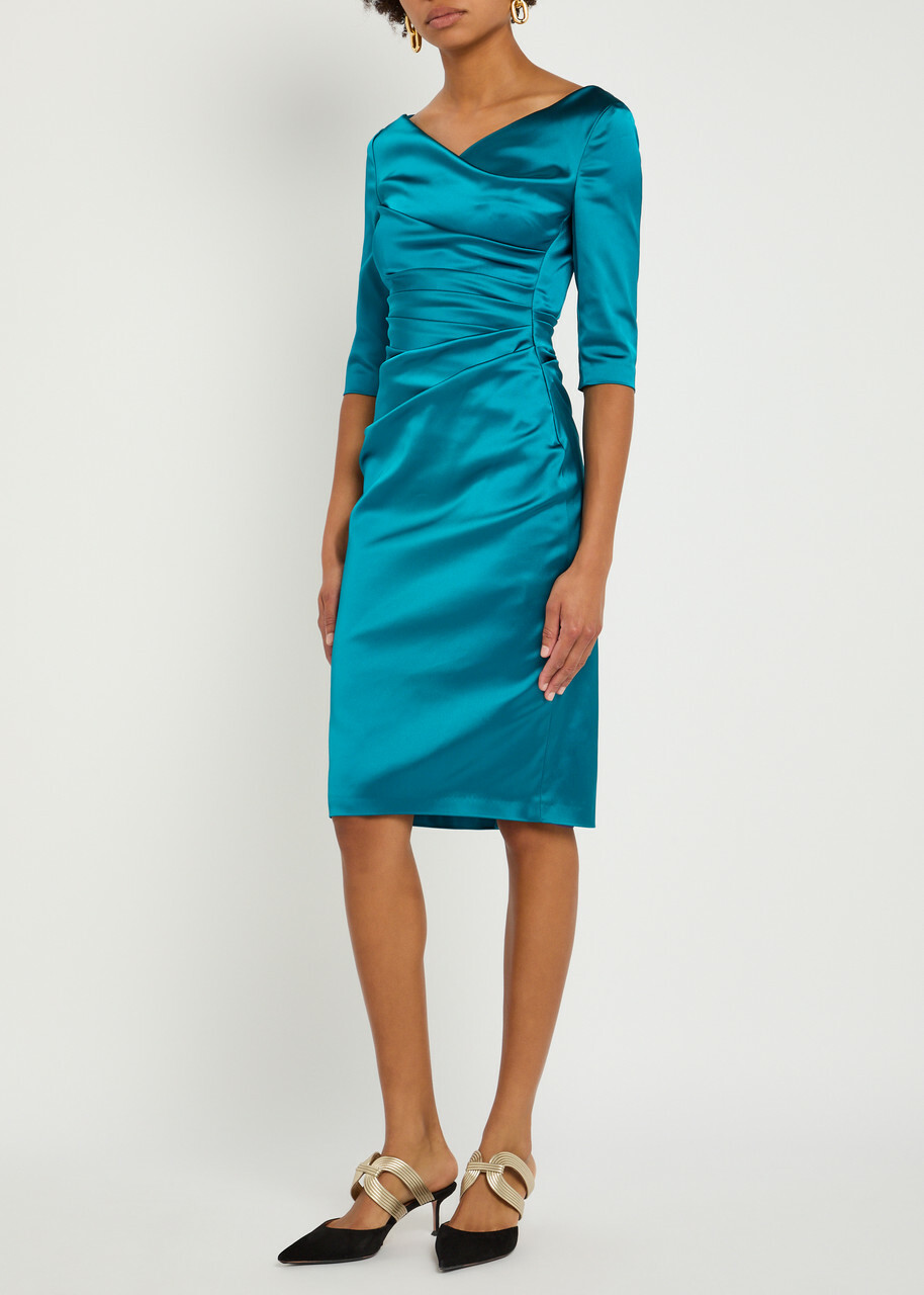 Talbot Runhof Gathered Satin Midi Dress Teal