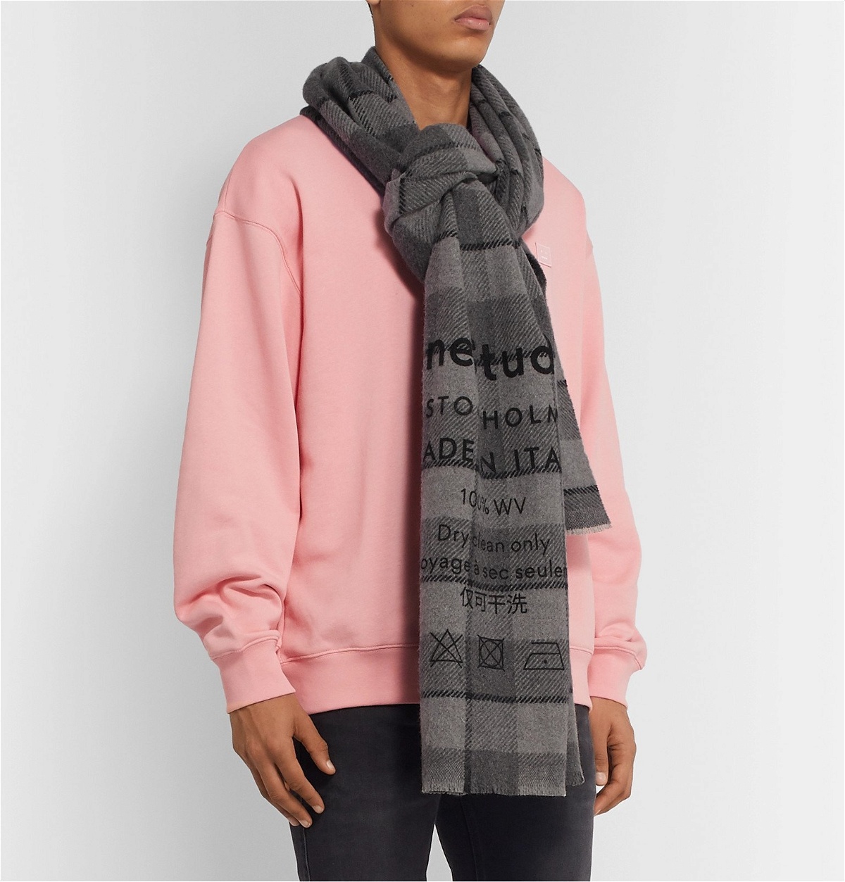 Acne Studios - Cassiar Fringed Printed Checked Wool Scarf - Gray