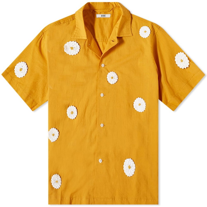 Photo: Bode Men's Daisy Rickrack Embroidered Vacation Shirt in Marigold