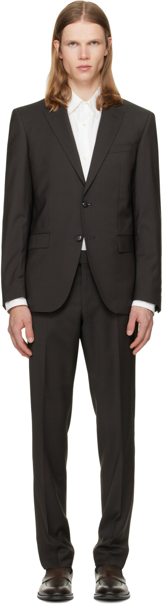 BOSS Brown Two-Piece Slim-Fit Wool Suit