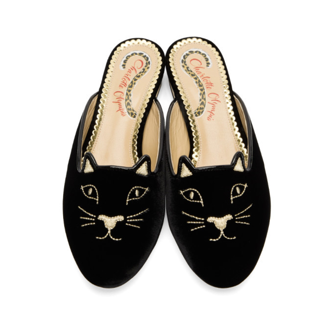 Charlotte Olympia Black Velvet Kitty Slippers Charlotte Olympia
