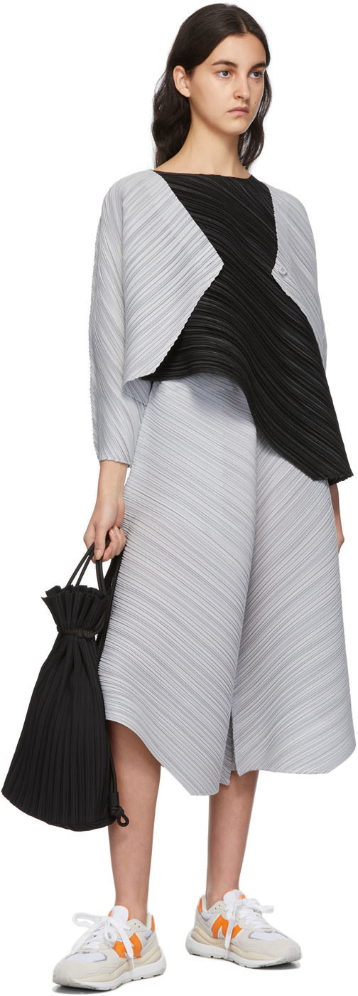 PLEATS PLEASE ISSEY  setup 3 piece Long cardigan, pants, bottle neck cut and sew Gray purple