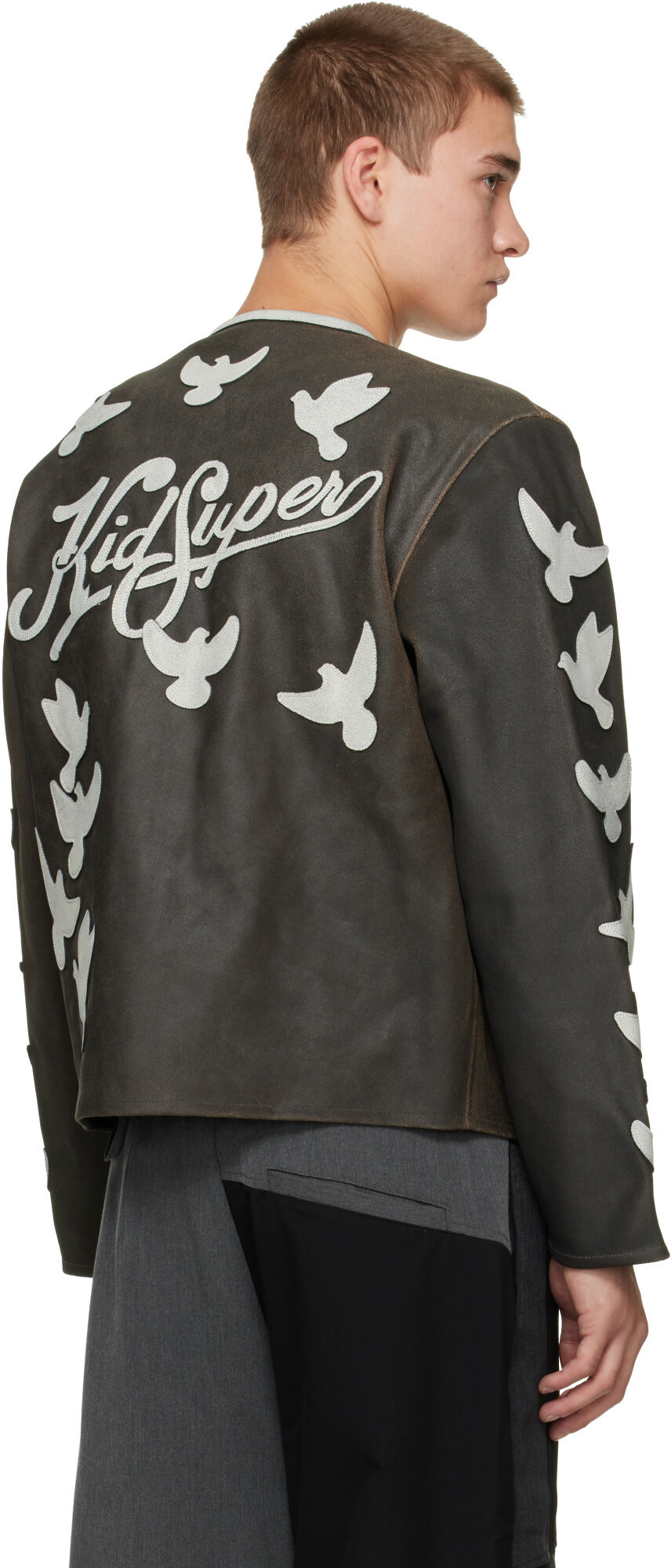 KidSuper Black 'Doves' Distressed Moto Leather Jacket