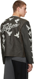 KidSuper Black 'Doves' Distressed Moto Leather Jacket