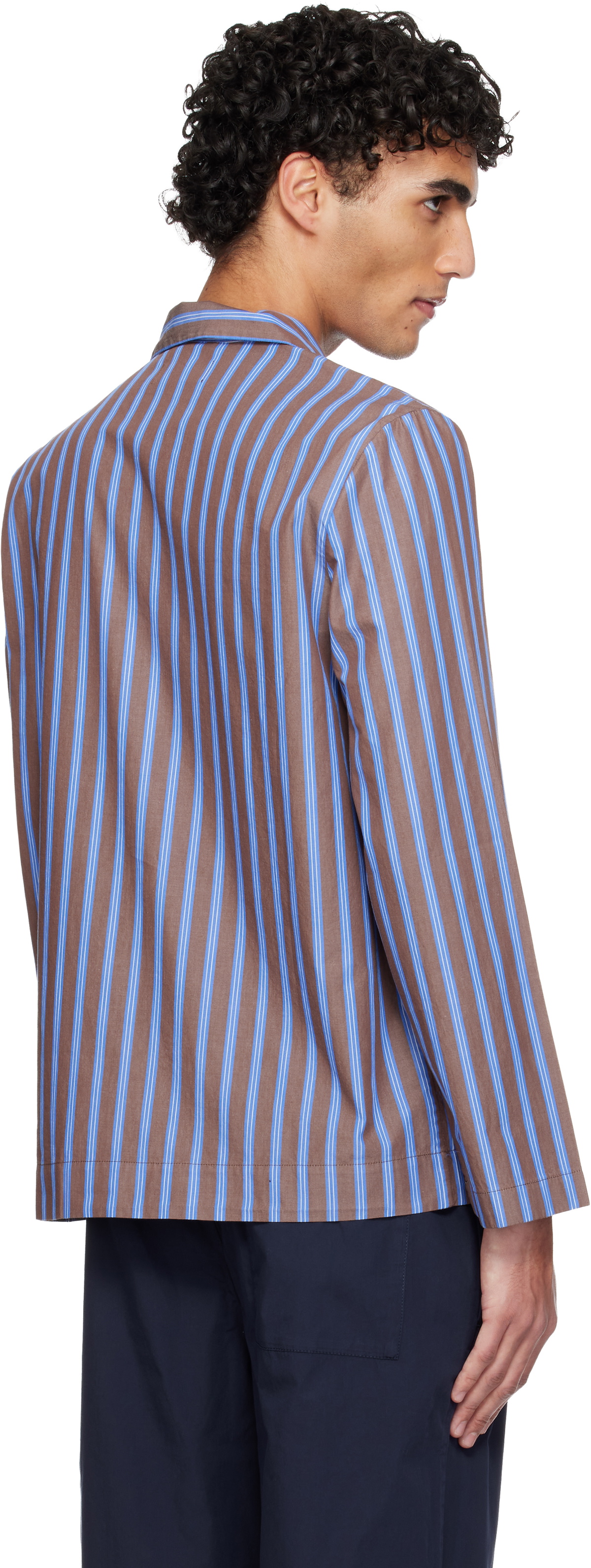 Tekla Brown & Blue Poplin Long-Sleeved Pyjama Shirt