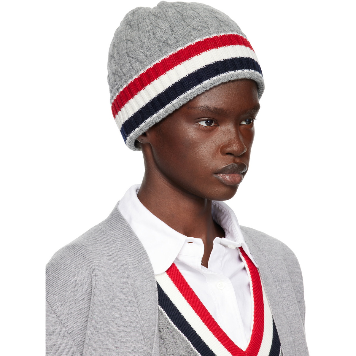 Thom Browne Gray Cable & Rib Merino Wool RWB Stripe Beanie