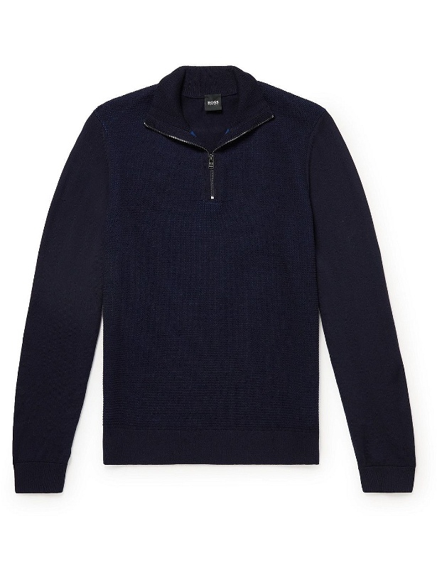 Photo: Hugo Boss - Madan Waffle-Knit Virgin Wool-Blend Half-Zip Sweater - Blue