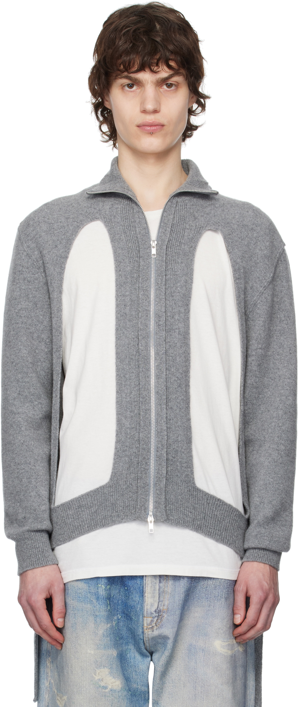 Simone Rocha Gray Zip Up Cut Out Window Cardigan