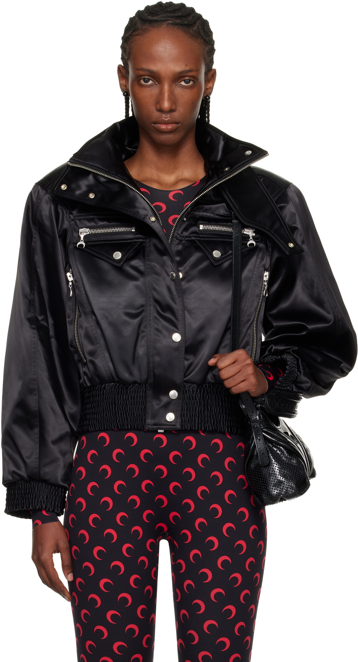 Marine Serre Black Satin Nylon Bomber Jacket