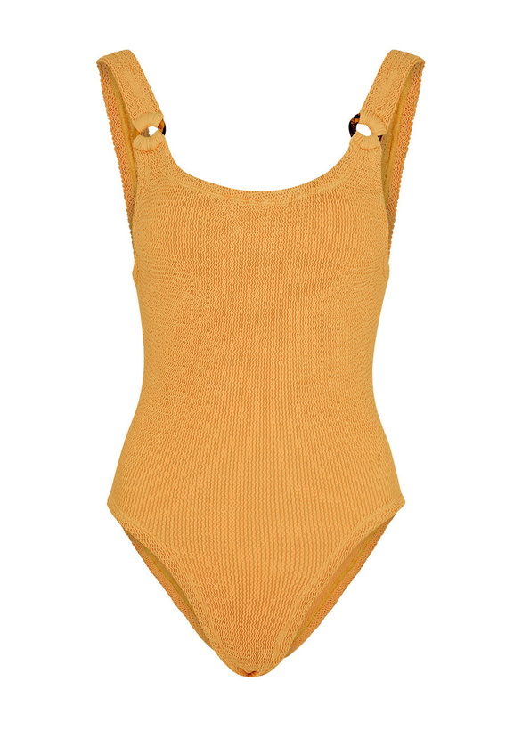 Photo: Hunza G - Domino Seersucker Swimsuit, Orange, One Size, Scoop-Neck, Elasticated, Hand Wash, Hunza G Domino