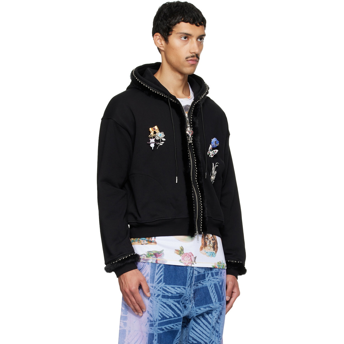 Chopova Lowena Black Fuzzy Pearl Zip Hoodie