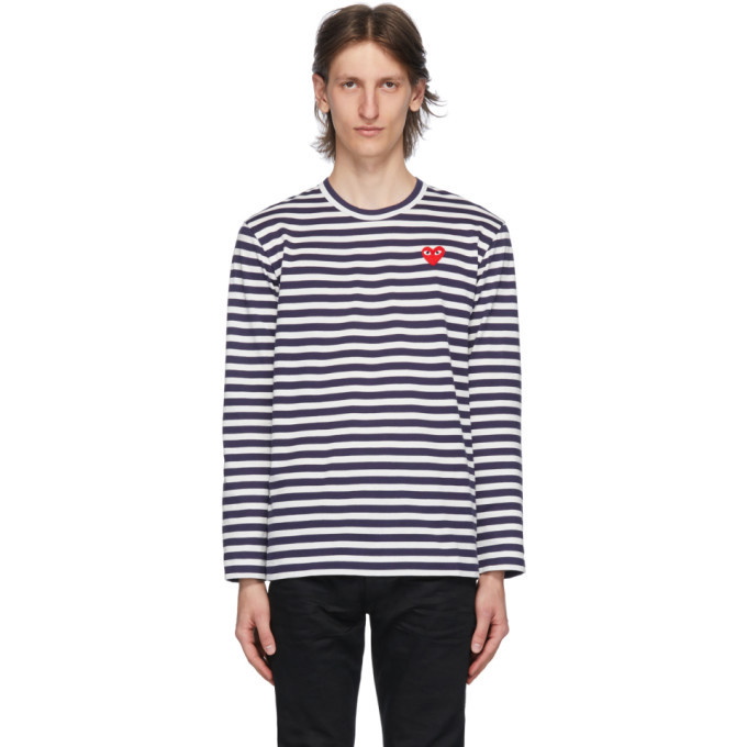 Photo: Comme des Garcons Play Navy and White Striped Heart Patch Long Sleeve T-Shirt
