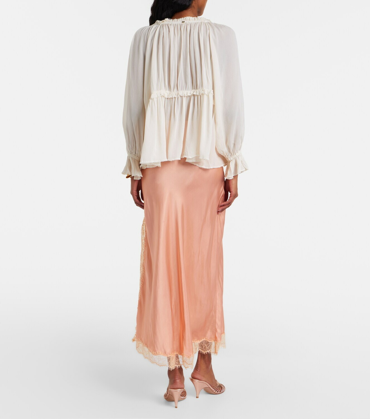 Poupette St Barth Lace-trimmed satin midi skirt