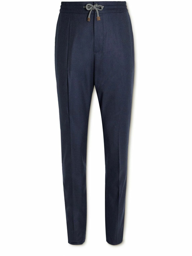 Photo: Brunello Cucinelli - Tapered Pleated Virgin Wool-Flannel Drawstring Trousers - Blue