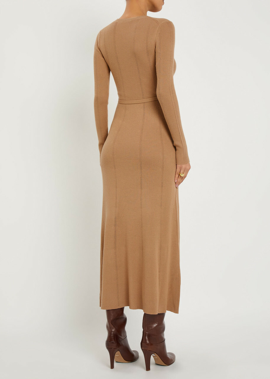Gabriela Hearst Imagene Belted Wool Midi Dress Camel