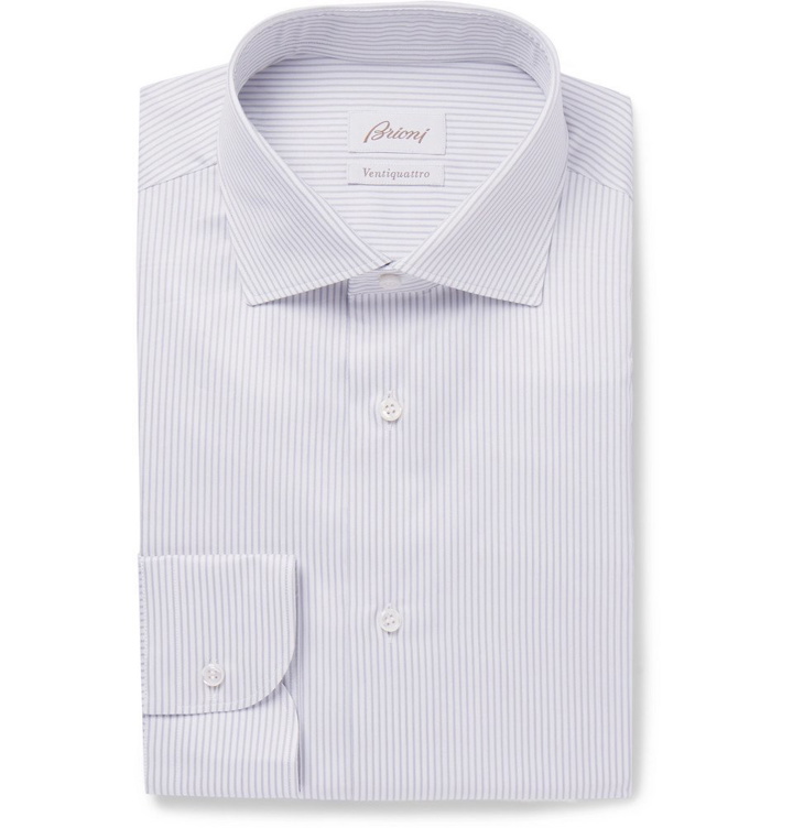 Photo: Brioni - Light-Grey Slim-Fit Cutaway-Collar Striped Cotton-Poplin Shirt - Men - Light gray