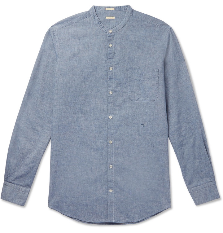 Photo: Massimo Alba - Grandad-Collar Embroidered Cotton-Chambray Shirt - Blue