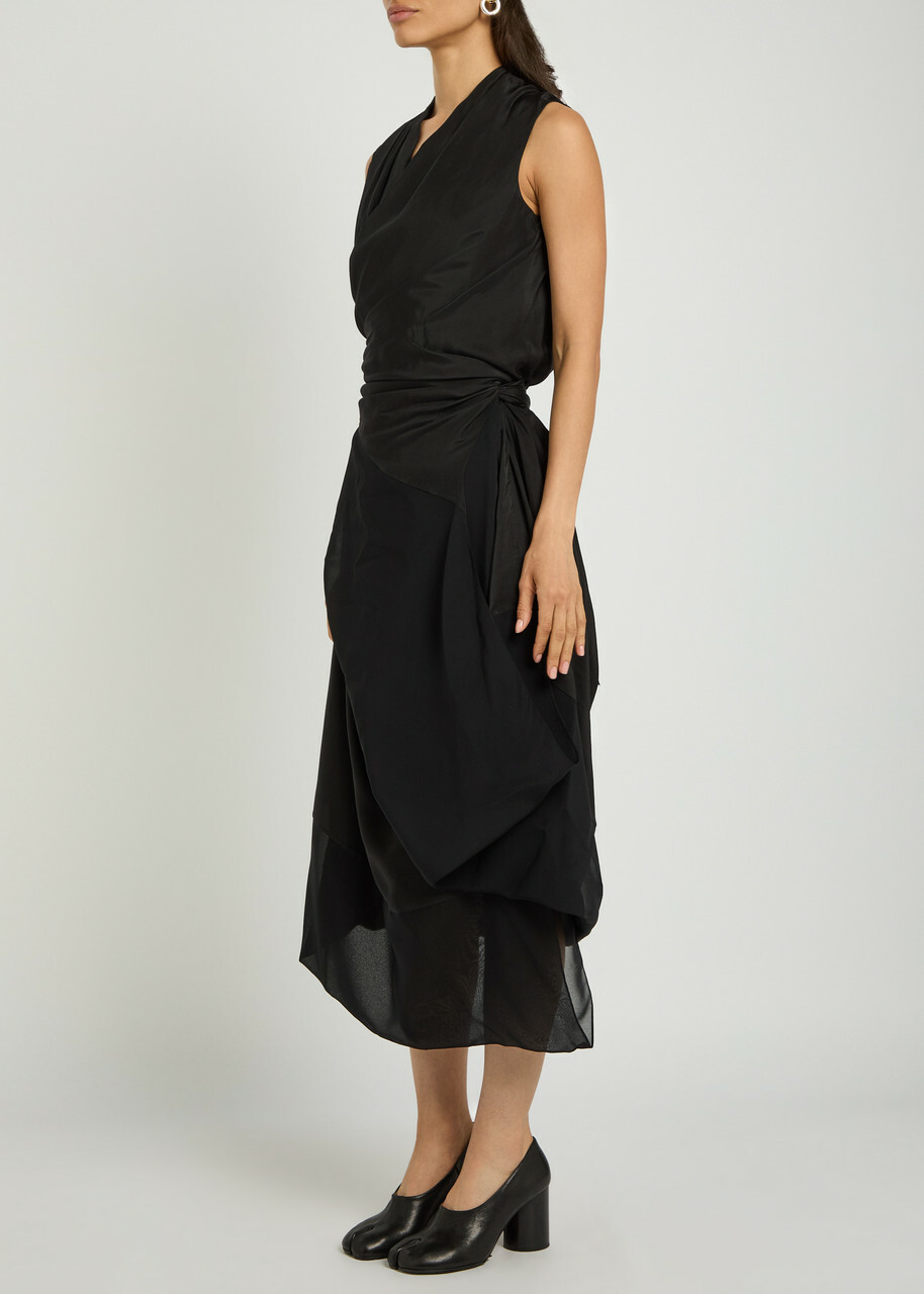 Maison Margiela Gathered Silk Midi Wrap Dress Black