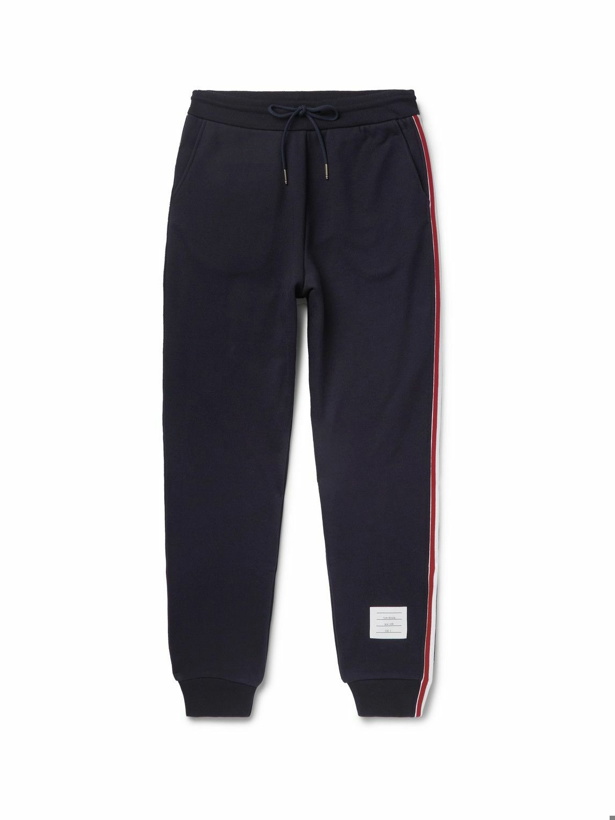 Photo: Thom Browne - Tapered Grosgrain-Trimmed Loopback Cotton-Jersey Sweatpants - Blue