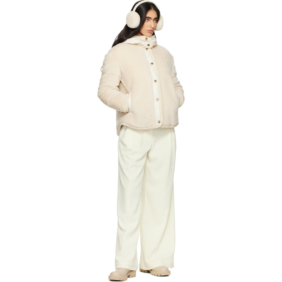 Moncler Beige Ciboulette Braided Trim Teddy Hooded Down Jacket