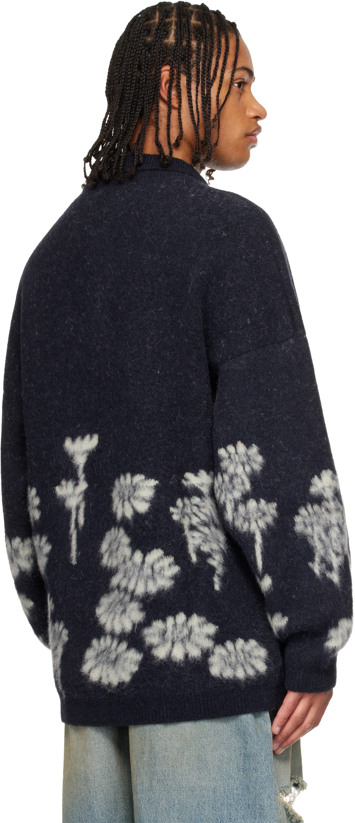032c Navy Melting Daisies Knit LS Polo
