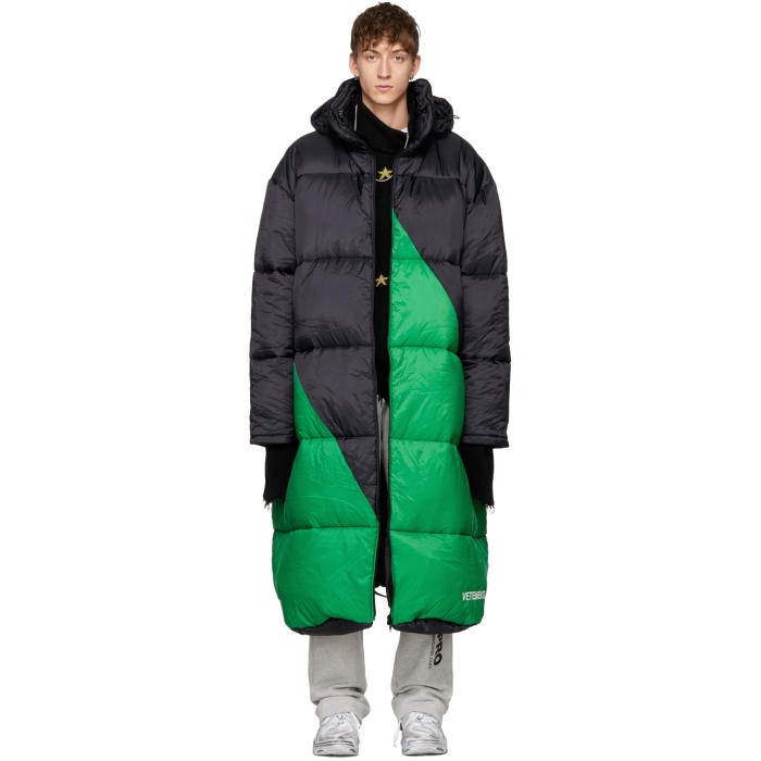 Vetements Black & Green Vagabond Sleeping Bag Puffer Coat ($3,970) ❤ liked  on Polyvore featuring men's fashion,…