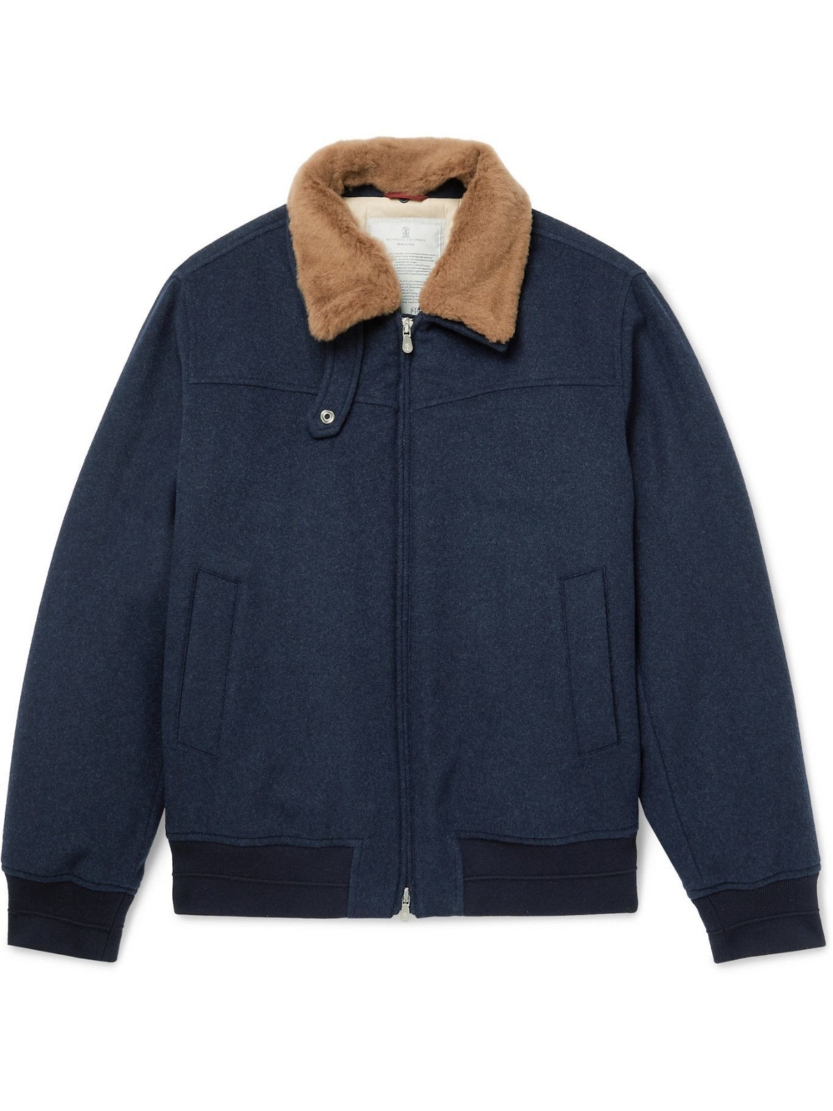 Photo: BRUNELLO CUCINELLI - Shearling-Trimmed Wool, Cashmere and Silk-Blend Bomber Jacket - Blue