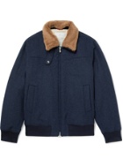 BRUNELLO CUCINELLI - Shearling-Trimmed Wool, Cashmere and Silk-Blend Bomber Jacket - Blue