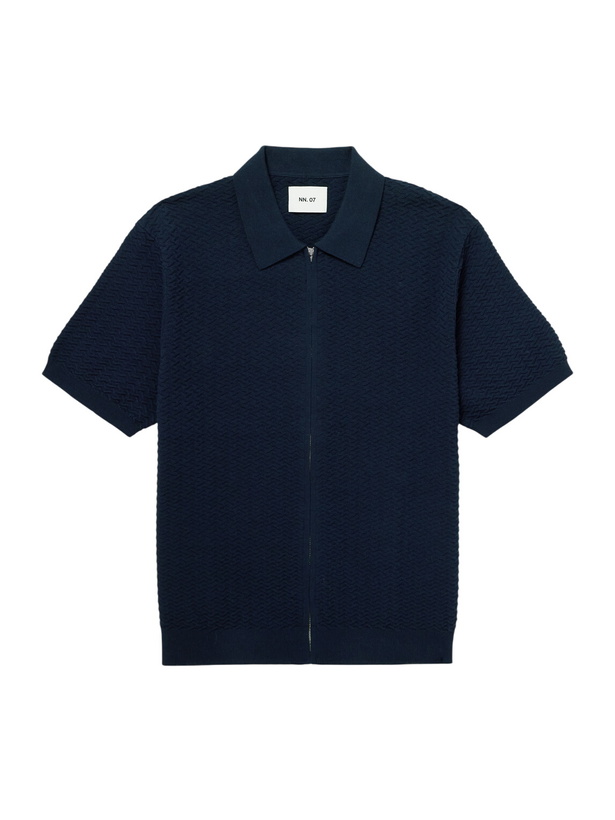 Photo: NN07 - Gustav 600160 Textured Organic Cotton Zip-Up Polo Shirt - Blue