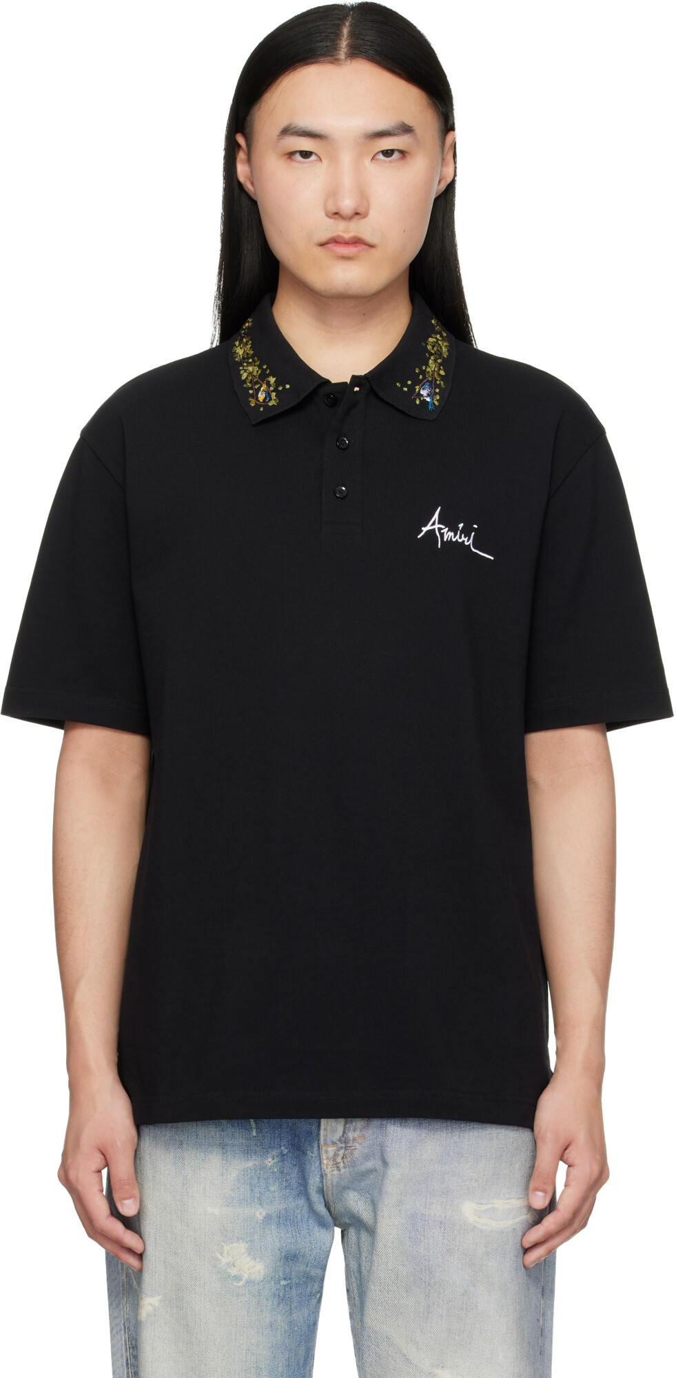 AMIRI Black 'AMIRI' Floral Collar Polo