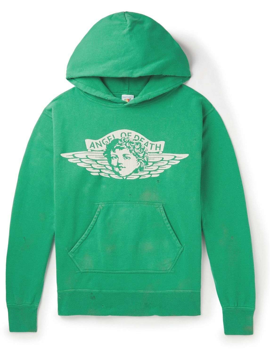 Photo: SAINT Mxxxxxx - Logo-Print Distressed Cotton-Jersey Hoodie - Green
