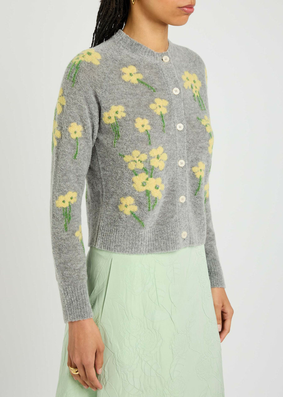 Bernadette Nonna Floral-intarsia Wool-blend Cardigan Grey