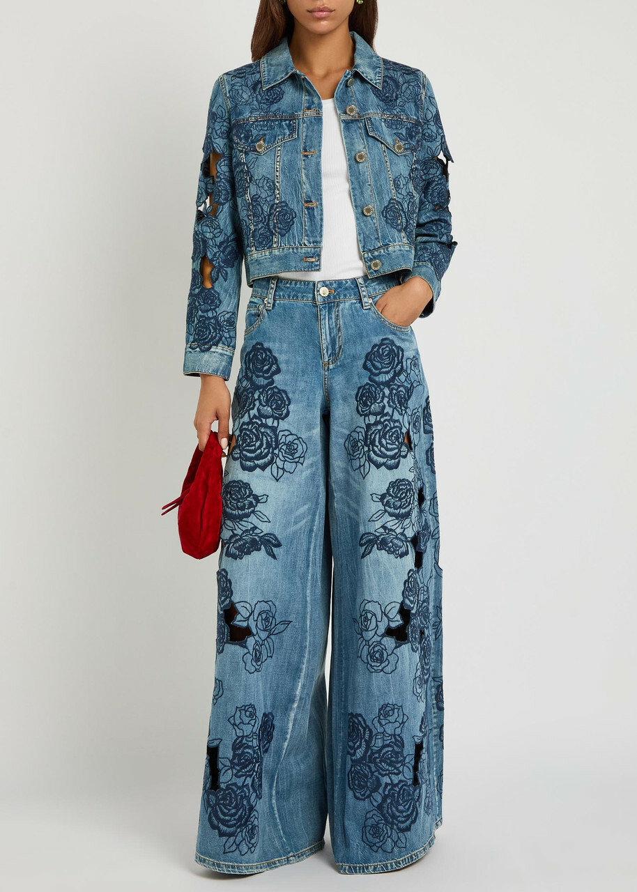 Alice + Olivia Chloe Embroidered Cut-out Denim Jacket Blue
