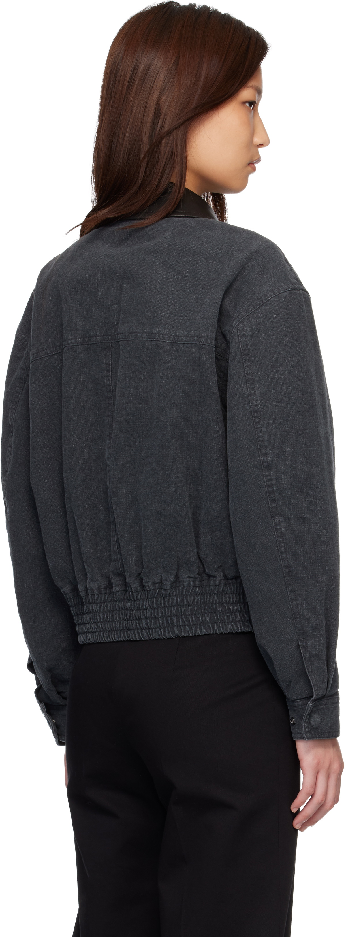 COOR Navy Leather Collar Washed Cationized Bomber Jacket