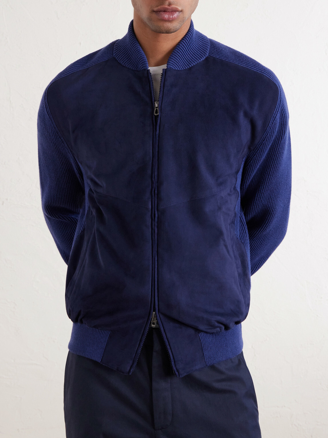 SEASE - Suede and Ribbed Cotton and Cashmere-Blend Bomber Jacket - Blue