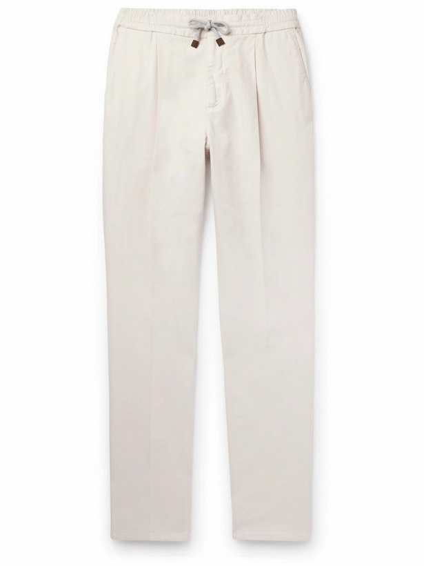 Photo: Brunello Cucinelli - Straight-Leg Pleated Herringbone Cotton-Blend Drawstring Trousers - Neutrals