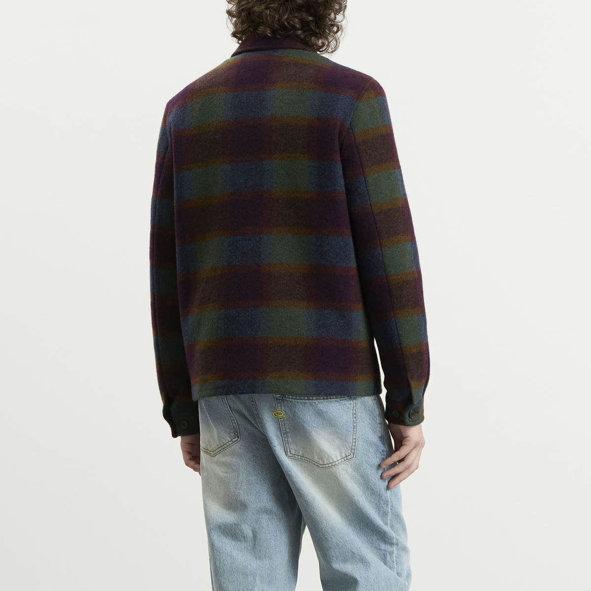 Les Deux Men's Check Wool Zipper Coach Jacket in Rosin Green