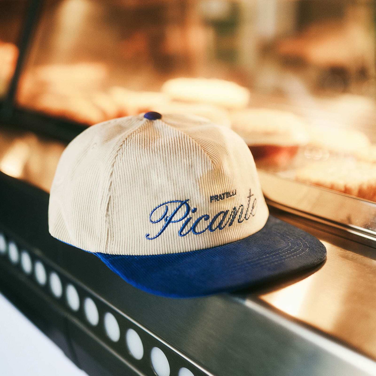 END. x PICANTE Cord Crew Cap in Ivory/Royal Blue 