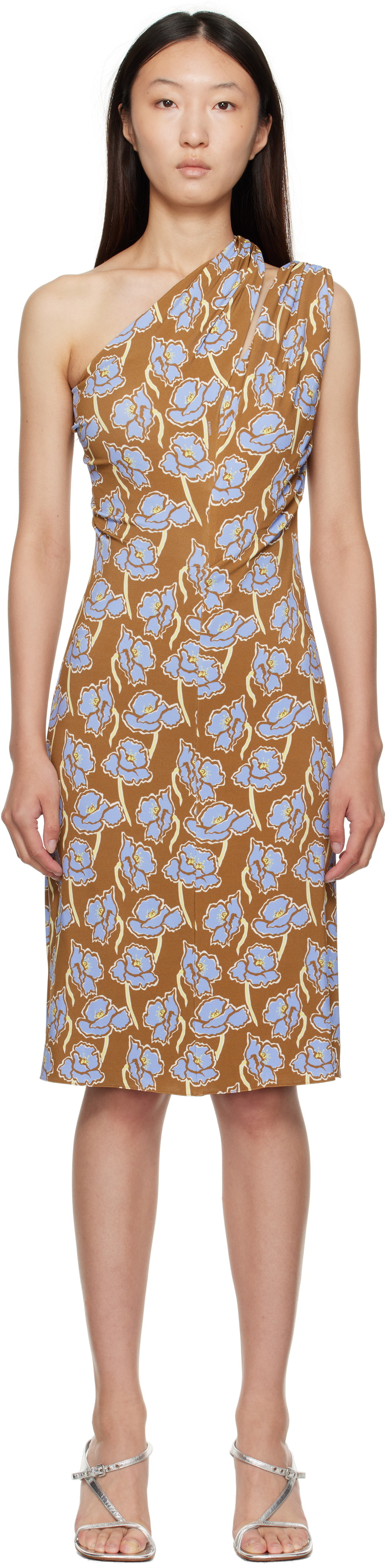 Versace Multicolor Poppies One-Shoulder Midi Dress
