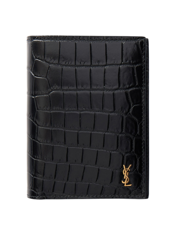 Photo: SAINT LAURENT - Tiny Cassandre Logo-Appliquéd Croc-Effect Leather Bifold Wallet