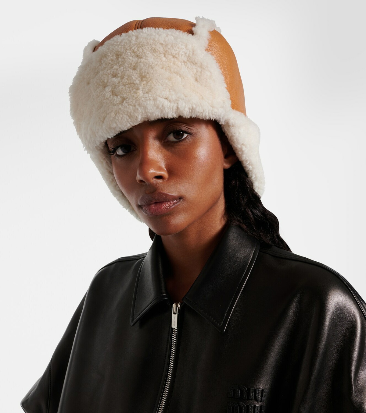 Miu Miu Shearling-trimmed leather hat