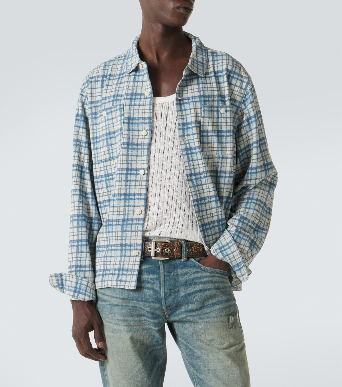 RRL Plaid cotton and linen jersey shirt